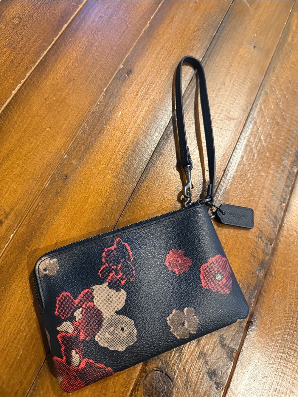 Coach Black Floral Wristlet with Red and Cream Accents - Picture 2 of 3